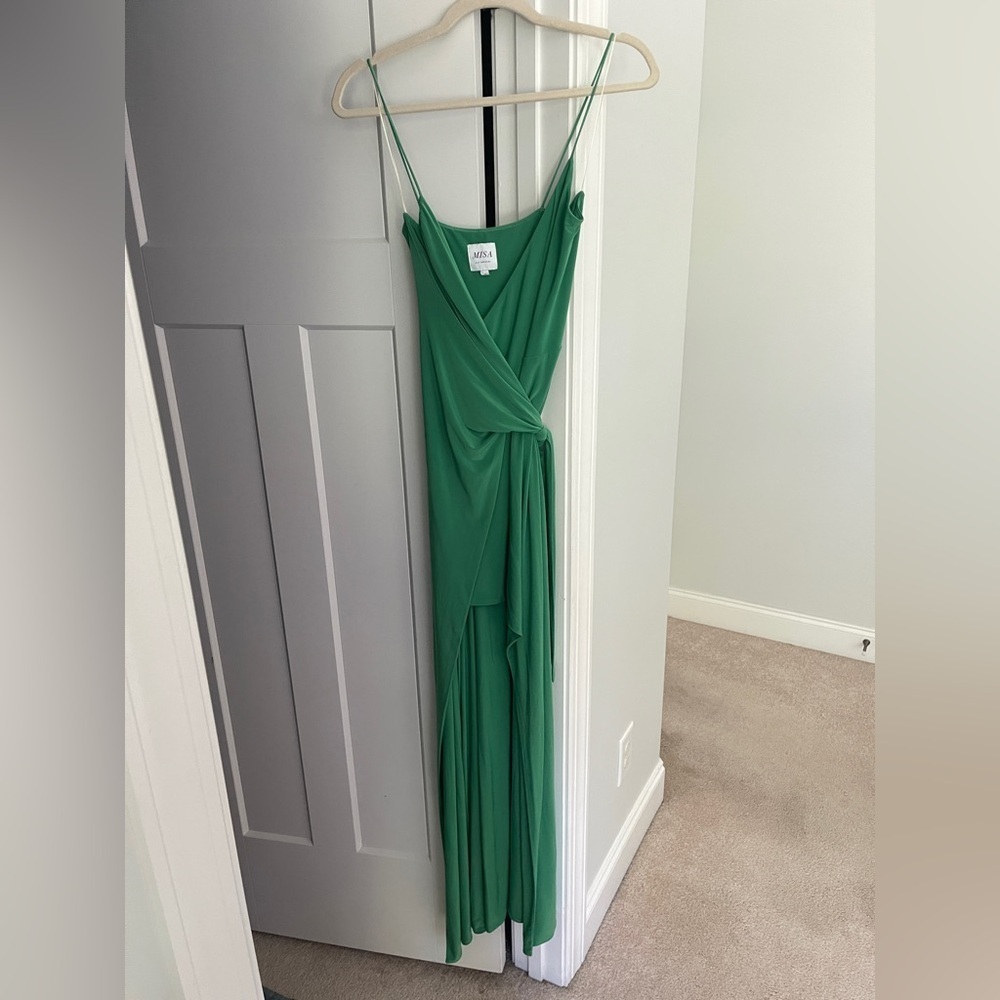 Misa LA Veronika Kelly Green Maxi Dress Wrap Front Stretch Wrinkle Free